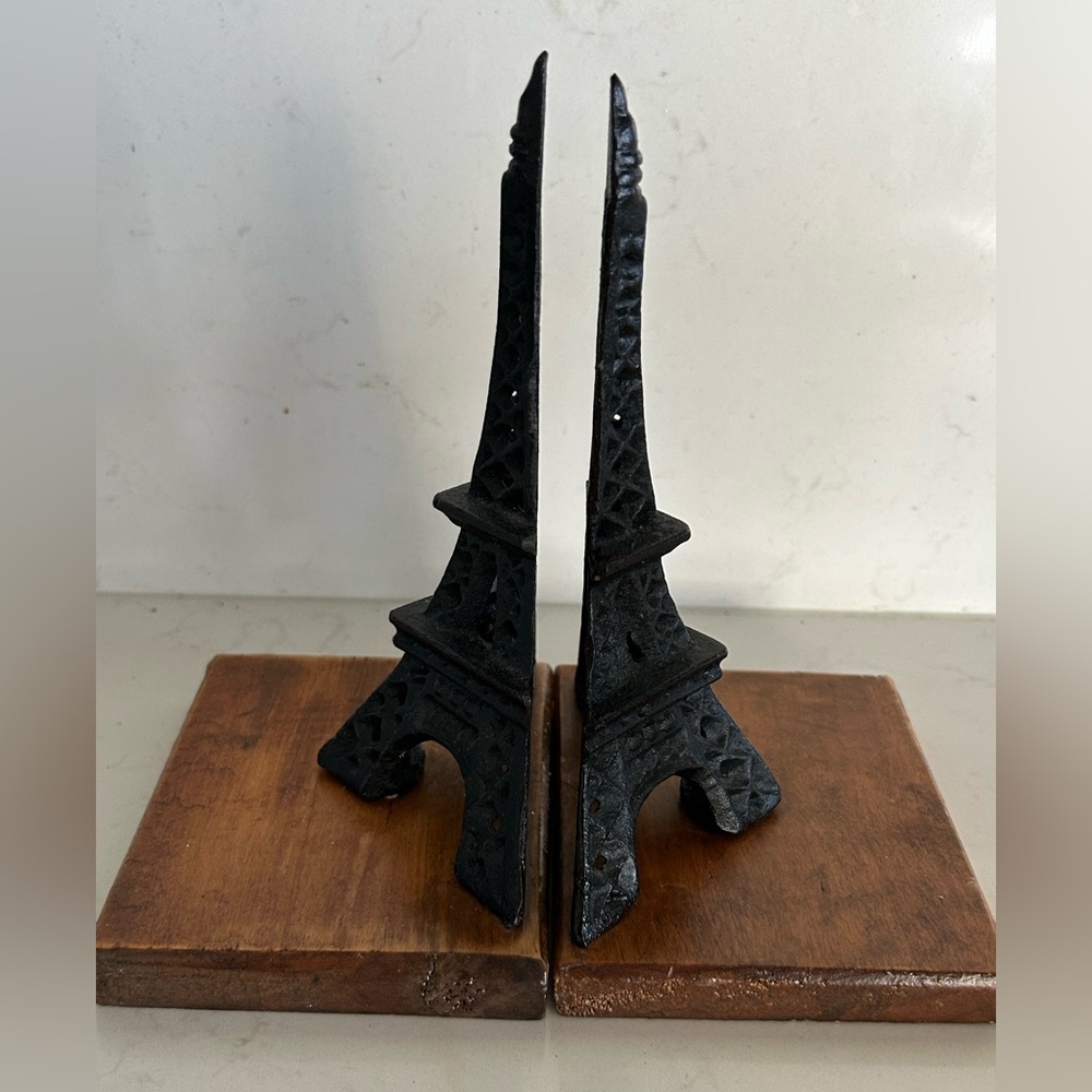 Vintage Eiffel Tower Paris Cast Iron Bookends/ Decor, Wooden Base - Picture 3 of 7